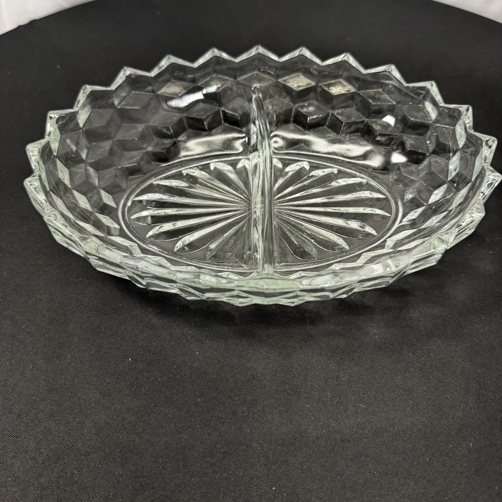 Fostoria American Cubist Clear Glass Oval Divided Oval Vegetable Bowl Cubism